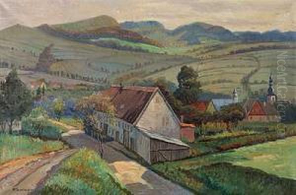 Sommerliche Rhon Mit Gehoft Und Kirche Oil Painting by Pedro Ernst Schmiegelow