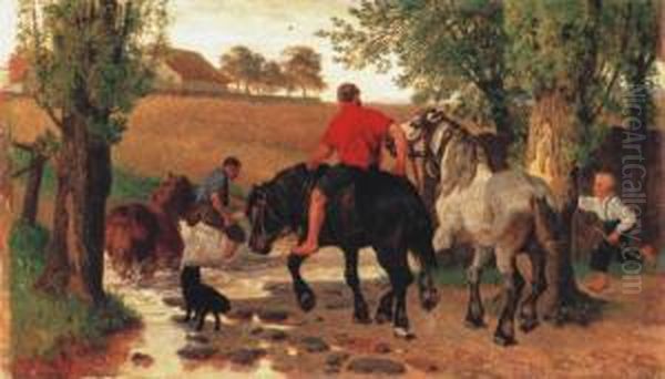 Crossing The Stream Oil Painting by Teutward Schmitson