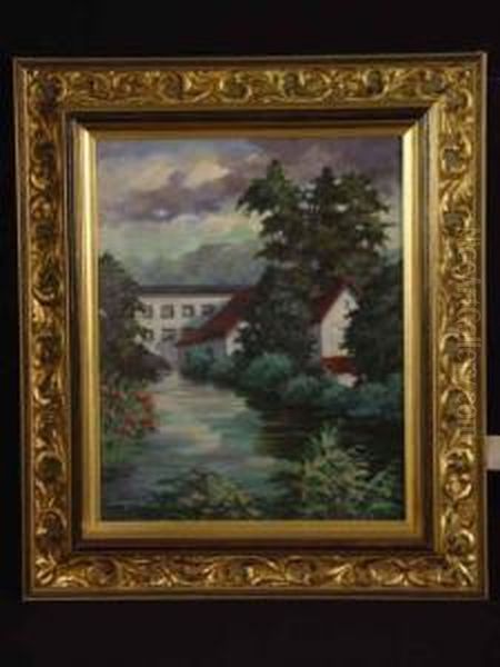 Hauser Am Flussufer Oil Painting by August Ludwig Schmitt