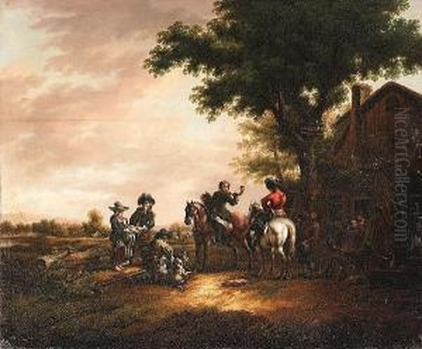 Elegant Riders Resting Beside A Fountain At The Steps Of A Large House; And Riders Taking Refreshment Beside A Country Inn Oil Painting by David Schmitt