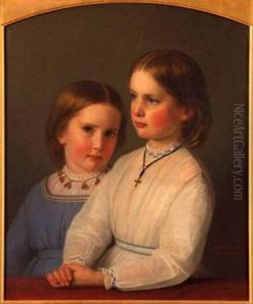 Head And Shoulders Portraits Of Two Young Girls Oil Painting by Guido Schmitt