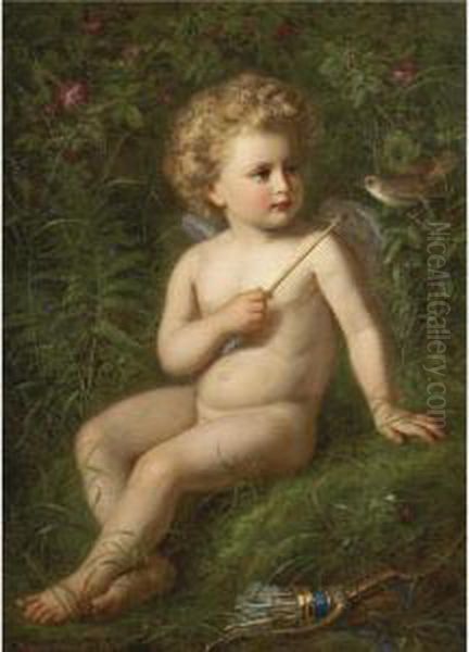 Putto Feeding A Strawberry To A Bird Oil Painting by Nathanael Schmitt