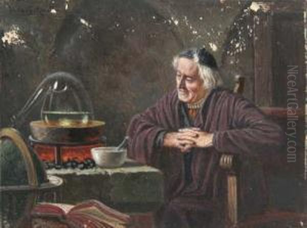 Der Alchemist - Pater Vor Tisch Mit Retorte Und Morser Sowie Globus Und Aufgeschlagenem Buch Sitzend Oil Painting by Oskar Schmitt