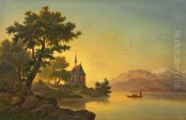 Landschaft Mit Mitkapelle An Einem See Oil Painting by Franz L. Schmitz