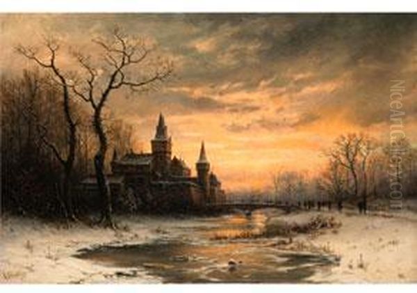 Winterlandschaft Mit Schlossgebaude, Brucke Uber Vereistem Fluss Und Einer Jagdgesellschaft Oil Painting by Georg Schmitz