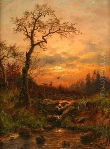 Sunset With Deer And Birds Oil Painting by Georg Schmitz