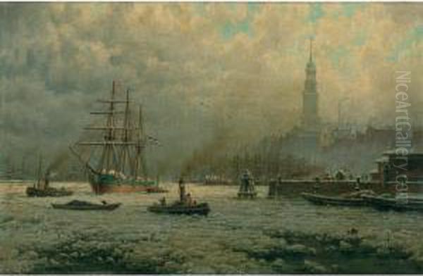 Hamburg Harbor, Winter Oil Painting by Georg Schmitz