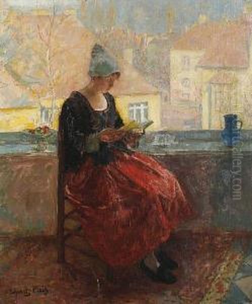 A Young Woman Reading On A Balcony Oil Painting by Carl Schmitz-Pleis