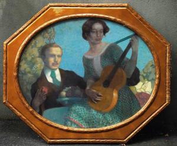 Gitarrenspielerin Mit Zuhorer Oil Painting by Karl Schmoll Von Eisenwerth