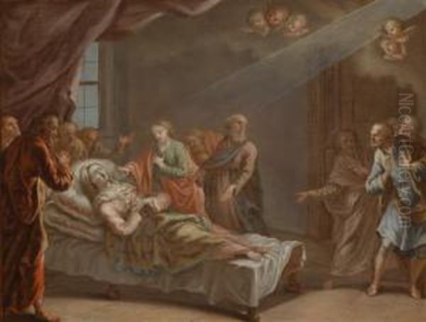 The Death Of The Virgin And The Death Of Stjoseph Surrounded By Painted Frames Oil Painting by Johann Baptist Schmon