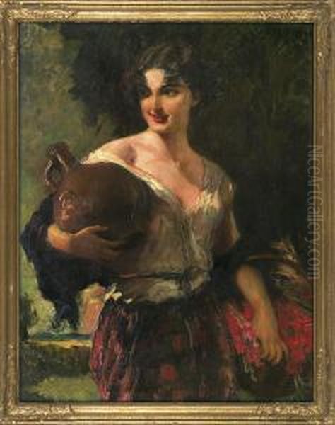 Girl With A Pitcher Oil Painting by Leopold Schmutzler