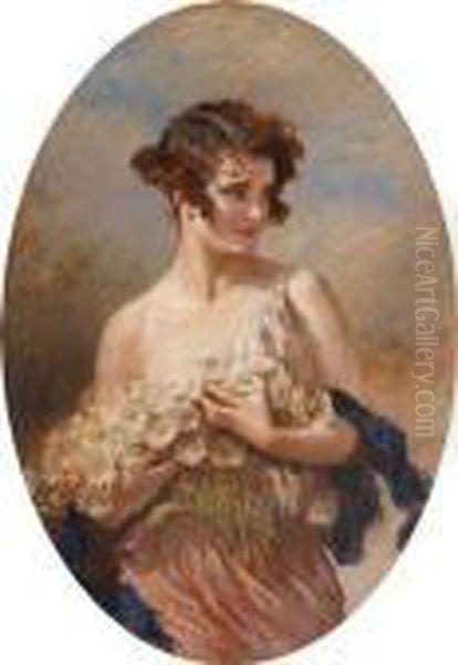 Lady With A Spray Of Marguerites Oil Painting by Leopold Schmutzler