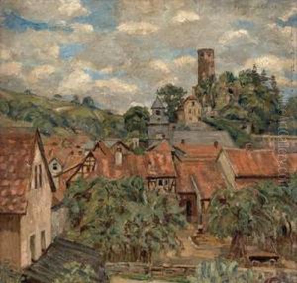 Dorf Mit Kirche Und Burgruine Oil Painting by Alfred Schnaars