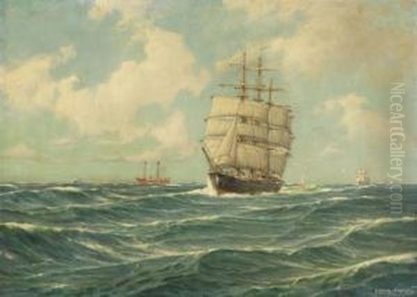 Vollschiff Und Feuerschiff In Der Elbmundung Oil Painting by Hugo Schnars-Alquist