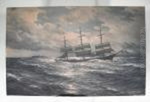 3 Masted Ship In Open Sea Oil Painting by Hugo Schnars-Alquist