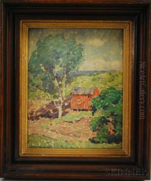 Red Barn In A Summer Landscape Oil Painting by Arthur Schneider