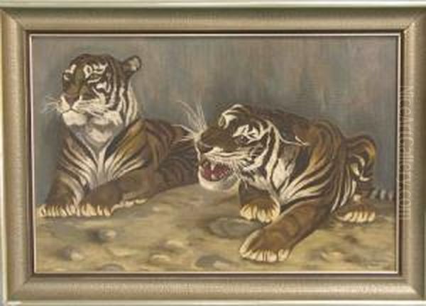 Zwei Liegende Tiger Oil Painting by Arthur Schneider