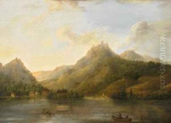 Rhine Landscape With Drachenfels And Nonnenwerth Oil Painting by Caspar Schneider