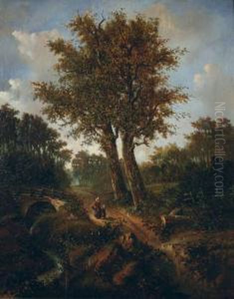 Bewaldete Landschaft Mit Einer Brucke Und Figurenstaffage. Oil Painting by Georg Schneider