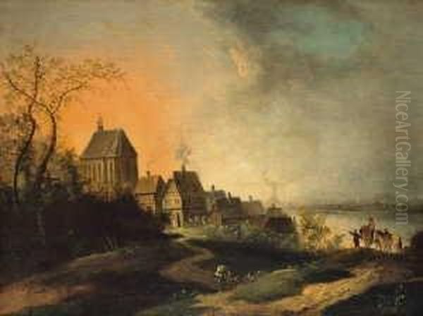 Ansicht Von Weisenau Bei Mainz Mit Der 1793 Von Den Franzosen Zerstorten Pfarrkirche St. Maria Himmelfahrt. Jenseits Des Rheins Schemenhaft Die Ebenfalls 1793 Zerstorte Kirche Von Kostheim. Oil Painting by Georg Schneider