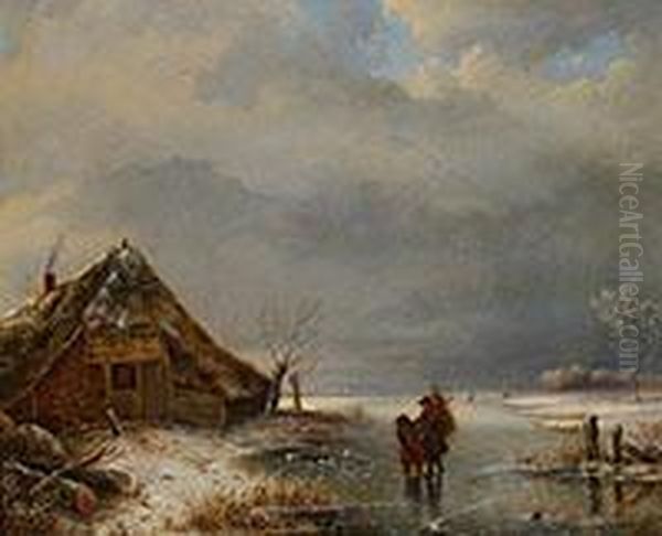 Winterlandschaft Mit Strohgedeckter Hutte An Einem Zugefrorenen Fluss Oil Painting by Bonifacius Cornelis Schneiders Van Greyffenswerth