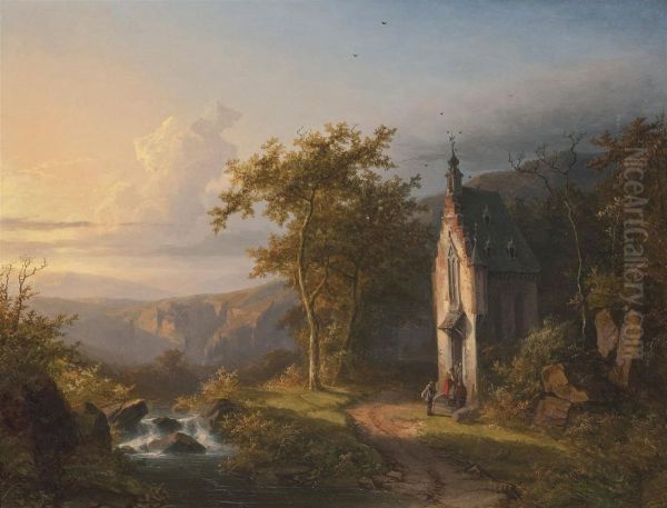 Landscape With A Chapel And A Stream Oil Painting by Bonifacius Cornelis Schneiders Van Greyffenswerth