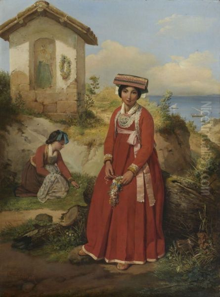 Jeune Romaine Tressant Une Couronne De Fleurs Devant Une Chapelle Oil Painting by Jean-Victor Schnetz