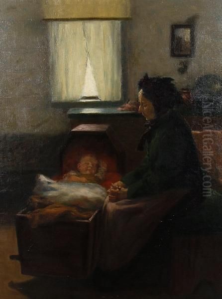 At The Cradle Oil Painting by Fritz Schnitzler