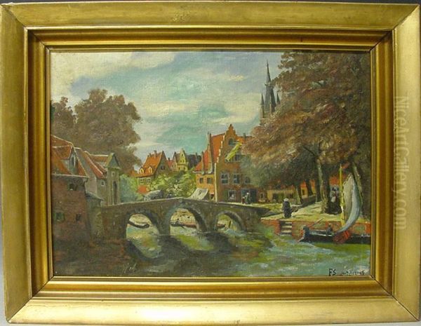 Stadtansicht Mit Steinbrucke Und Personen Oil Painting by Fritz Schnitzler