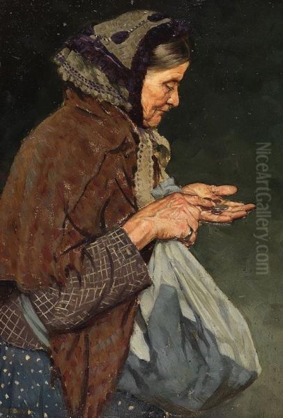 Alte Frau, Munzen Zahlend Oil Painting by Fritz Schnitzler