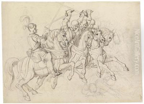 A Battle Scene With Riders Oil Painting by Julius Schnorr Von Carolsfeld