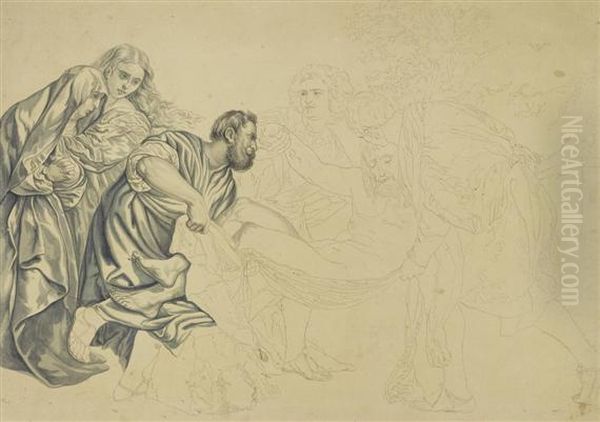 Theentombment Of Christ. 
Grey Pen With Watercolour. Oil Painting by Julius Schnorr Von Carolsfeld