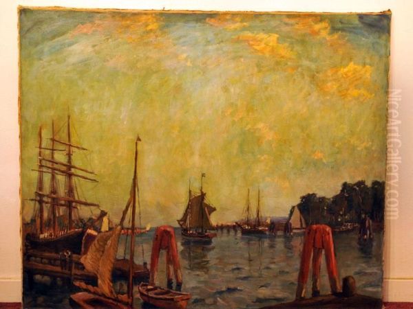 Hafenansicht In Travemunde Mit Segelschiffen by Wilhelm Schodde