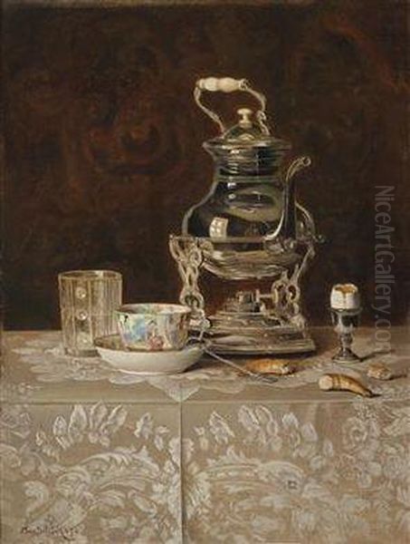 Still Life Withsamovar And Chinese Teacup Oil Painting by Max Schodl