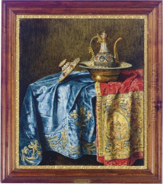 Still Life Of A Decorative Ewer And Basin On Textiles Oil Painting by Max Schodl