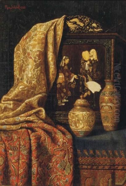 A Chinese Jar And Vase, A Painting And Fabric On A Tabletop Oil Painting by Max Schodl