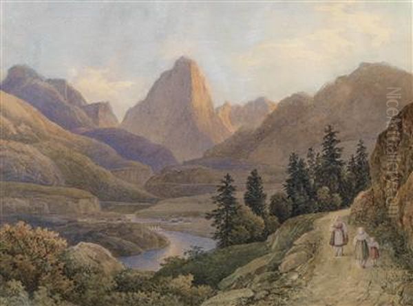 A Landscapewith A River And A Cone Shaped Mountain Oil Painting by Johann Nepomuk Schodlberger