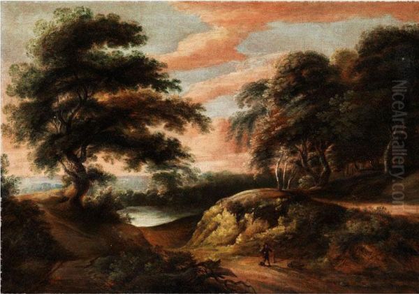 Hugelige Baumlandschaft Mit Wasserlauf Und Abendlichem Wolkenhimmel Oil Painting by Johannes Pietersz. Schoeff