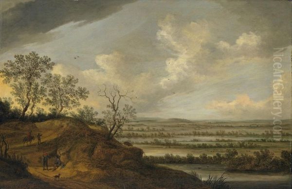 Weite Flusslandschaft Mitwanderern Und Reiter Oil Painting by Johannes Pietersz. Schoeff