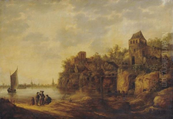 A River Estuary With Peasants On A Track, A Fortified Farmhouse Nearby And A Town Beyond Oil Painting by Johannes Pietersz. Schoeff