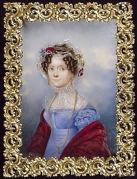 A Lady, Wearing A Blue Dress With Full Sleeves, A Gold Lorgnette, A Red Cloak Around Her Shoulders, A Lace Bonnet Decorated With Flowers Oil Painting by Johann Christian Schoeller