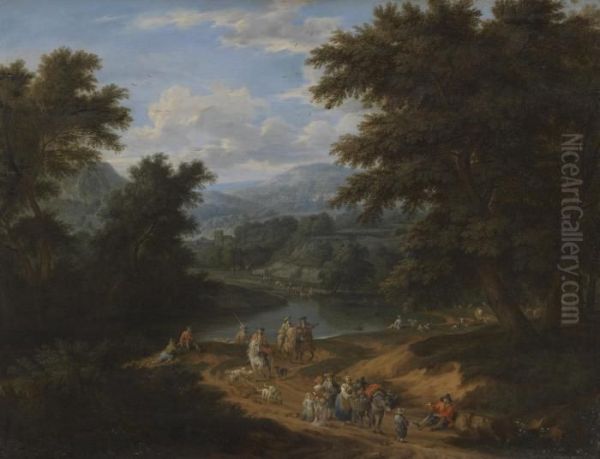 A Landscape With Travellers On A Path Oil Painting by Mattijs Schoevaerdts