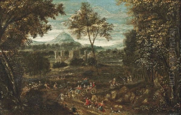 A Procession In A Wooded Landscape With A Castle And Mountains Beyond Oil Painting by Mattijs Schoevaerdts