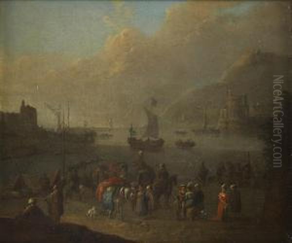 A Busy Coastal Scene With Figures And Boats In A Harbour Oil Painting by Mattijs Schoevaerdts