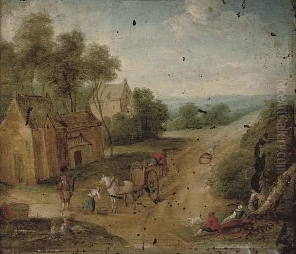 A Wooded Landscape With Figures On Horseback By A Village Oil Painting by Mattijs Schoevaerdts