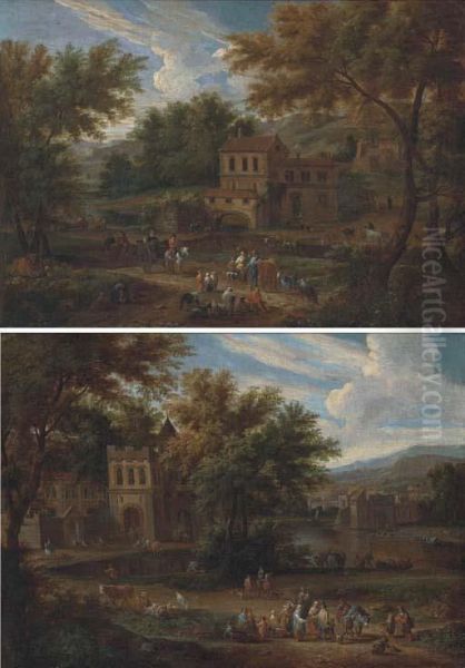 A River Landscape With Gentlemen And Peasants On A Path By Acastle; And A River Landscape With Peasants On A Path By Acottage Oil Painting by Mattijs Schoevaerdts