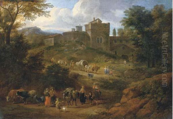 An Italianate Landscape With Travellers On A Hilly Path Near A Villa Oil Painting by Mattijs Schoevaerdts