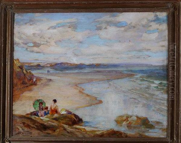 A Beach Scene With Three Female Bathers In The Foreground Oil Painting by John William Schofield