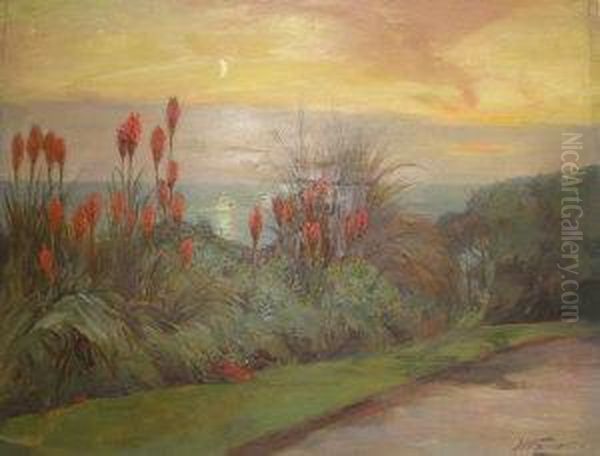 Coastal Garden Scene Oil Painting by John William Schofield