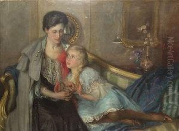 Portrait Of A Mother And Her Daughter Seated In An Interior Oil Painting by John William Schofield